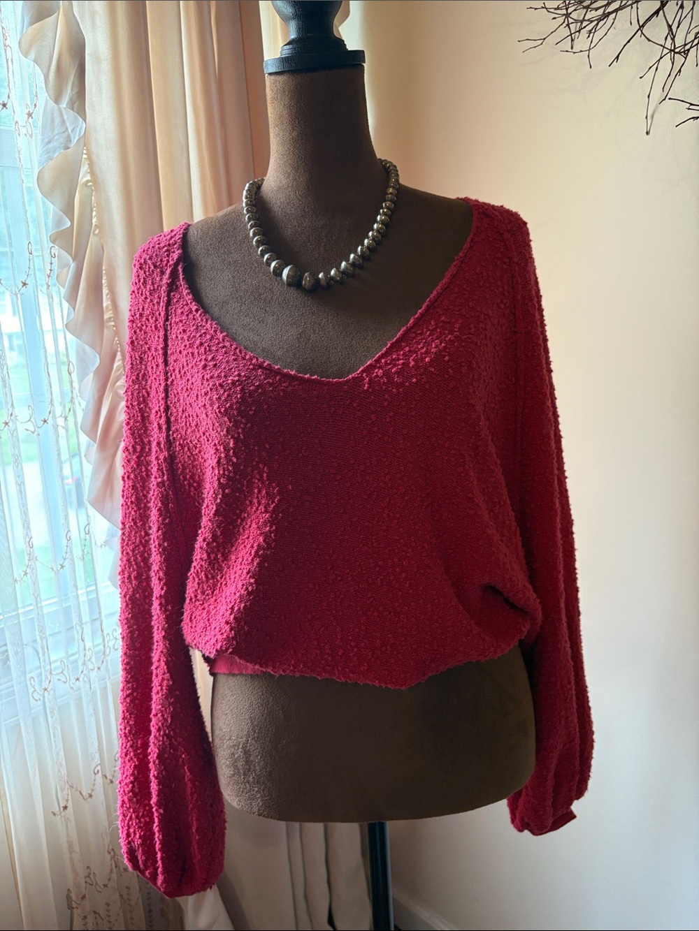 Free People Cozy V-Neck Drop-Shoulder Sweater - Red/Raspberry